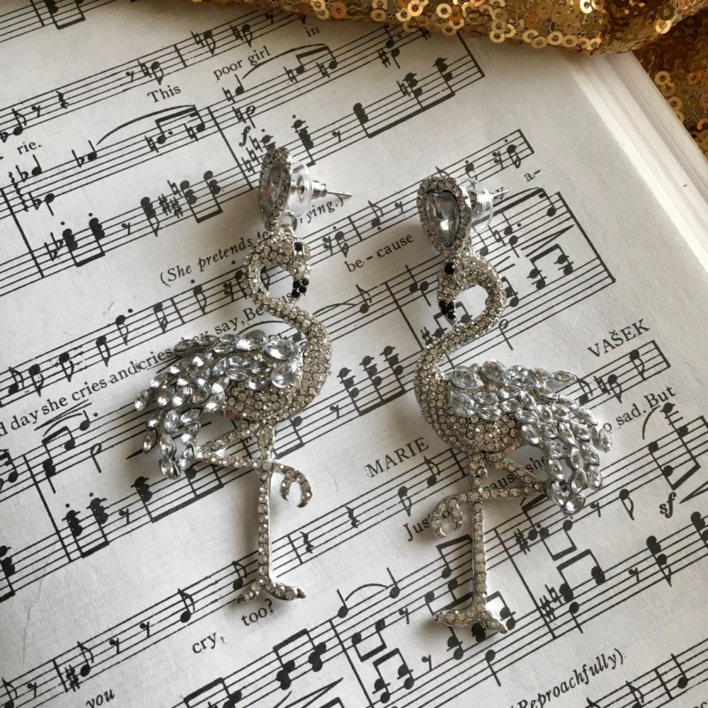 Crystal statement flamingo silver dangle earrings